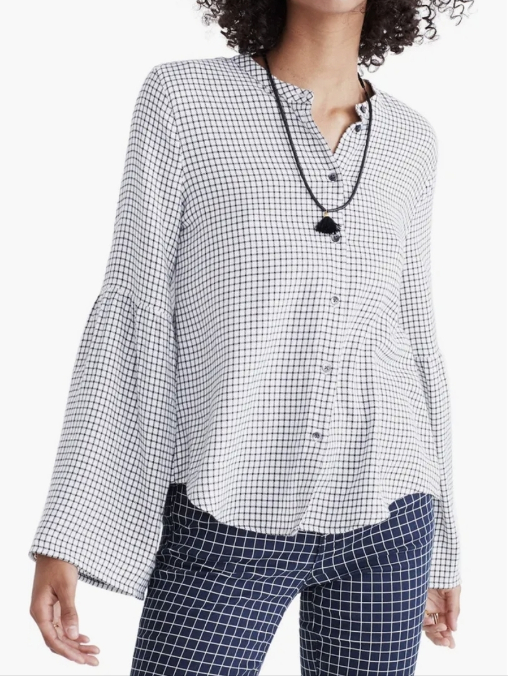 Madewell Black & White Windowpane Gingham Buttton Front Flared Bell Sleeve Shirt